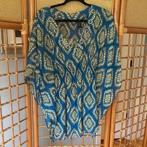 New York & Company Blue and Yellow V-Neck Blouse